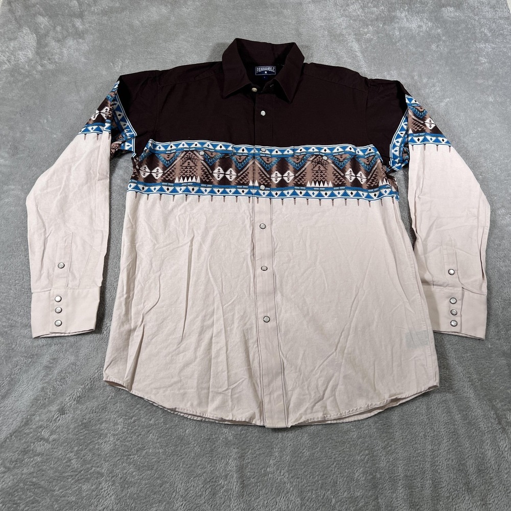 Panhandle Shirt‎ Mens Large Brown Aztec Western Pearl Snap Long Sleeve Rodeo